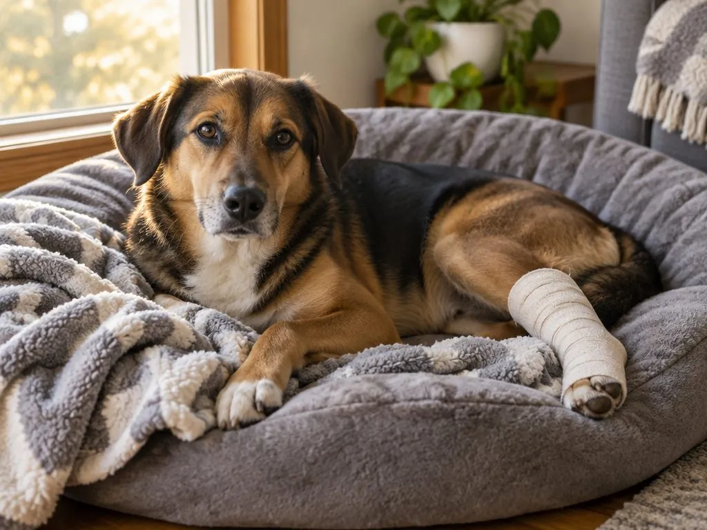 Hund som vilar i en grå hundbädd med bandage på ena bakbenet