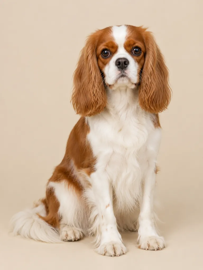 Cavalier king charles spaniel fotograferad mot beige studiobakgrund