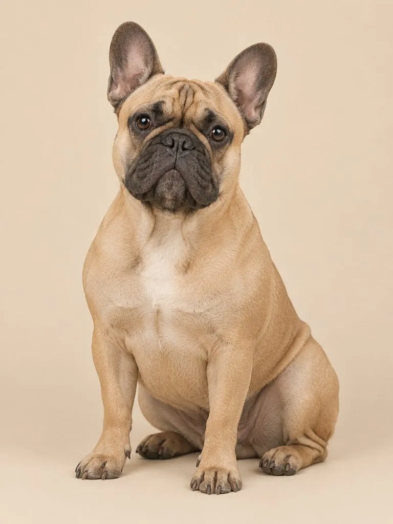 Fransk bulldogg fotograferad mot beige studiobakgrund