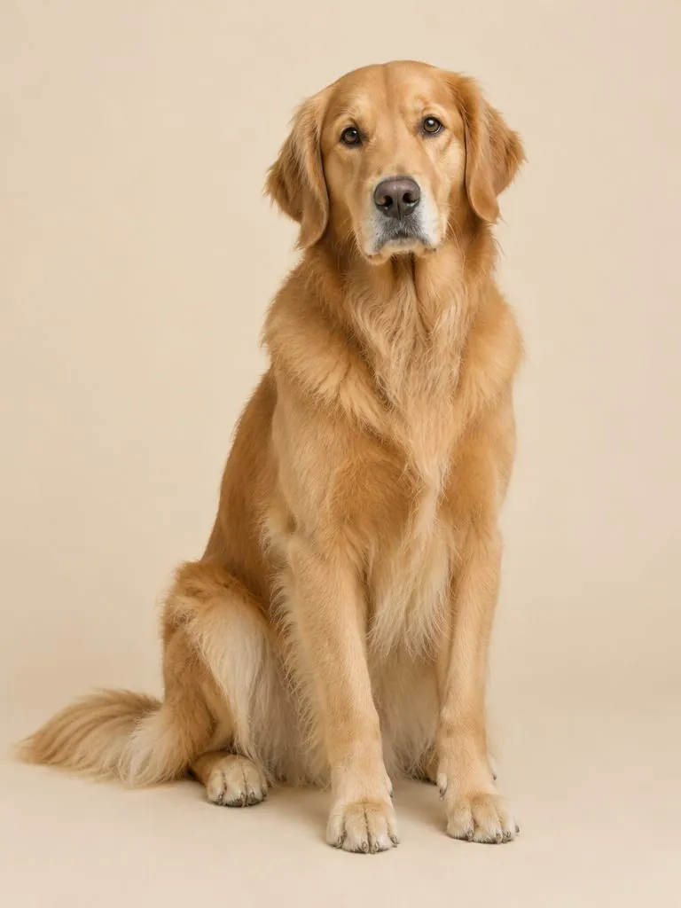 Golden retriever fotograferad mot beige studiobakgrund