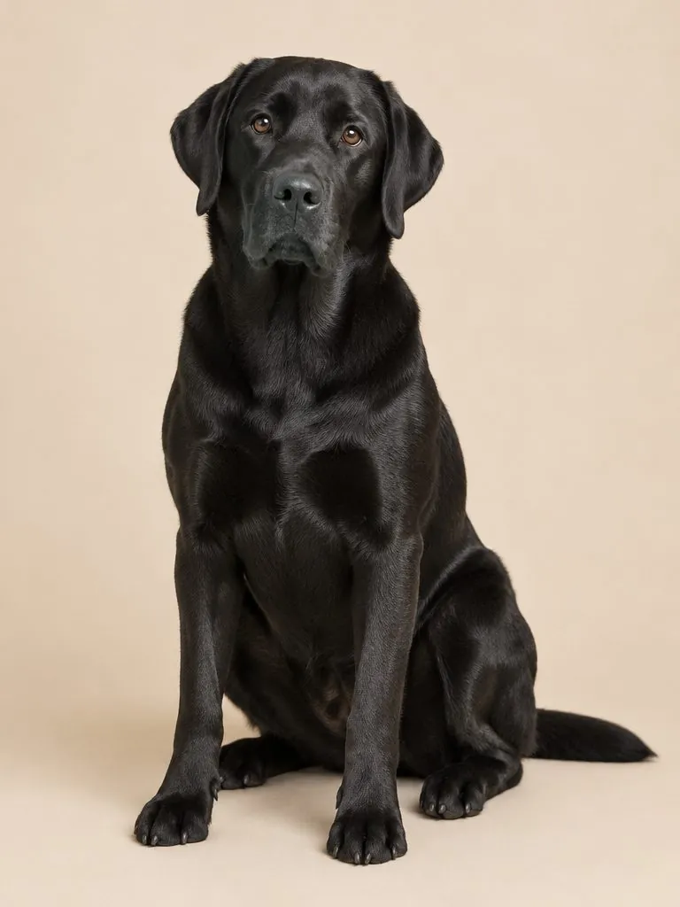 Labrador retriever fotograferad mot beige studiobakgrund