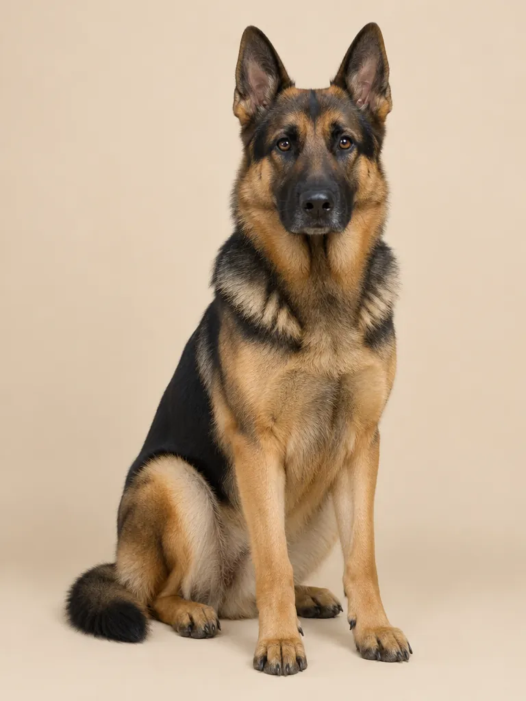 Schäferhund fotograferad mot beige studiobakgrund