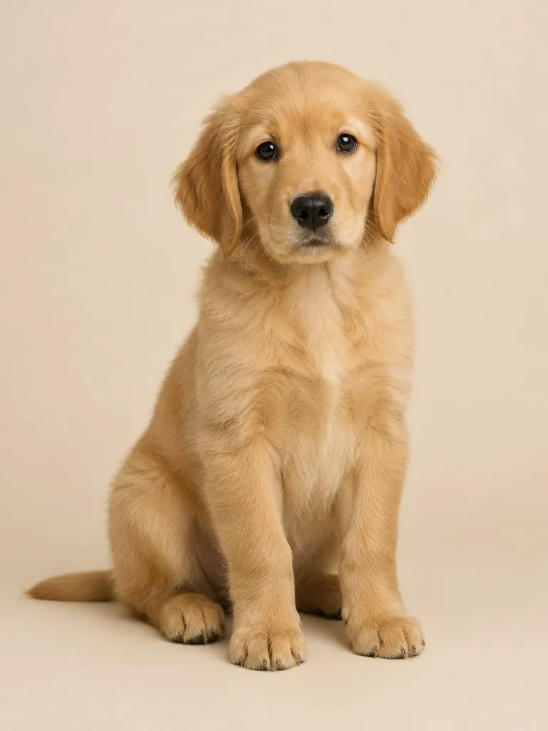 Golden retriever-valp som sitter mot beige studiobakgrund